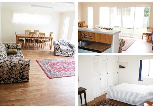 downstairs, living, kitchen and main bedroom